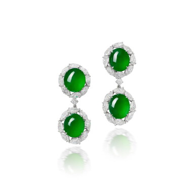 View full screen - View 1 of Lot 1878. Pair of Jadeite and Diamond Pendent Earrings | 天然翡翠 配 鑽石 耳墜一對.