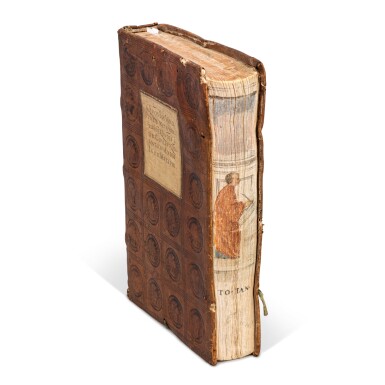 View full screen - View 1 of Lot 172. Jean de Jandun, Questiones, Venice, 1505-23, Paduan binding stamped with medallion of Alexander the Great and fore-edge painting by Cesare Vecellio for Pillone..
