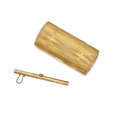 View full screen - View 1 of Lot 485. Gold and Diamond Vanity Case, Cartier and Gold, Ruby and Diamond Lipstick Brush, Van Cleef & Arpels.