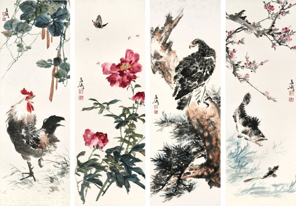 View full screen - View 1 of Lot 3195. 王雪濤 花鳥四屏 | Wang Xuetao, Flowers and Animals.