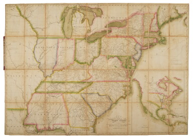 View full screen - View 1 of Lot 1012. Bradley, Abraham, Jr. | A seminal post-road map showing the Louisiana and Missouri territories.