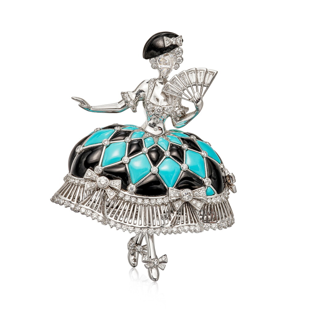 View full screen - View 1 of Lot 1907. ‘Bals de légende’ Unique Turquoise, Onyx and Diamond Clip Brooch | 梵克雅寶 | ‘Bals de légende’ 綠松石 配 縞瑪瑙 及 鑽石 胸針.