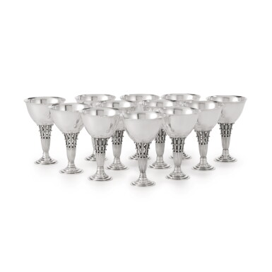 View full screen - View 1 of Lot 7. A SET OF TWELVE SMALL DANISH SILVER GOBLETS, NO. 309B, DESIGNED BY JOHAN ROHDE, GEORG JENSEN SILVERSMITHY, COPENHAGEN, DATED 1928.