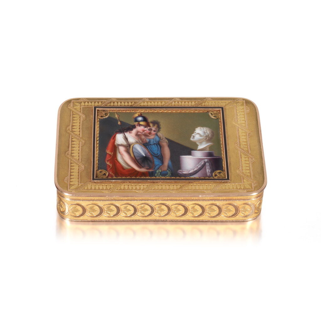 View full screen - View 1 of Lot 422. A Two-Coloured Gold and Enamel Snuff Box, Gebrüder Toussaint, Hanau, Circa 1805.