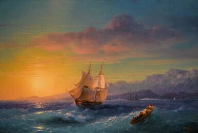 View full screen - View 1 of Lot 13. IVAN KONSTANTINOVICH AIVAZOVSKY |Ship at Sunset off Cap Martin.