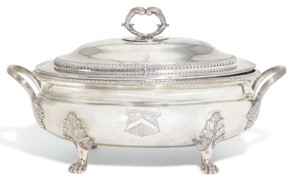 View full screen - View 1 of Lot 75. A GEORGE III SILVER SOUP TUREEN AND COVER, WILLIAM STEVENSON, LONDON, 1808.