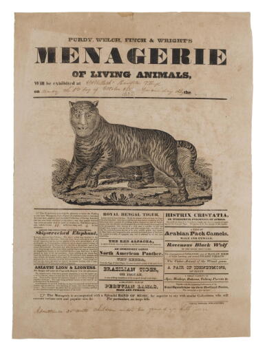 View full screen - View 1 of Lot 169. (Circus, American) | An early broadside advertising an exotic menagerie of animals .