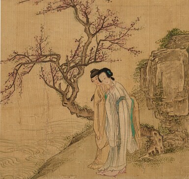 View full screen - View 1 of Lot 3657. Wang Sheng (act. late 16th - early 17th century), Love Poems, Late Ming dynasty | 明末 王聲〈春宮詩意圖〉 一冊十開全 設色絹本 《吳郡王聲》款 「王」、「聲」印.