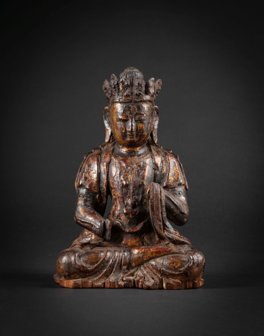 View full screen - View 1 of Lot 10. A rare lacquer gilt wood Buddha Yuan dynasty | 元 漆金木雕佛坐像.