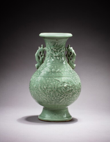 View full screen - View 1 of Lot 240. A celadon-glazed 'lotus and peach' vase, 20th century | 二十世紀 青釉纏枝花卉紋雙耳瓶.