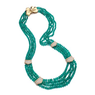 View full screen - View 1 of Lot 849. Emerald and diamond necklace.