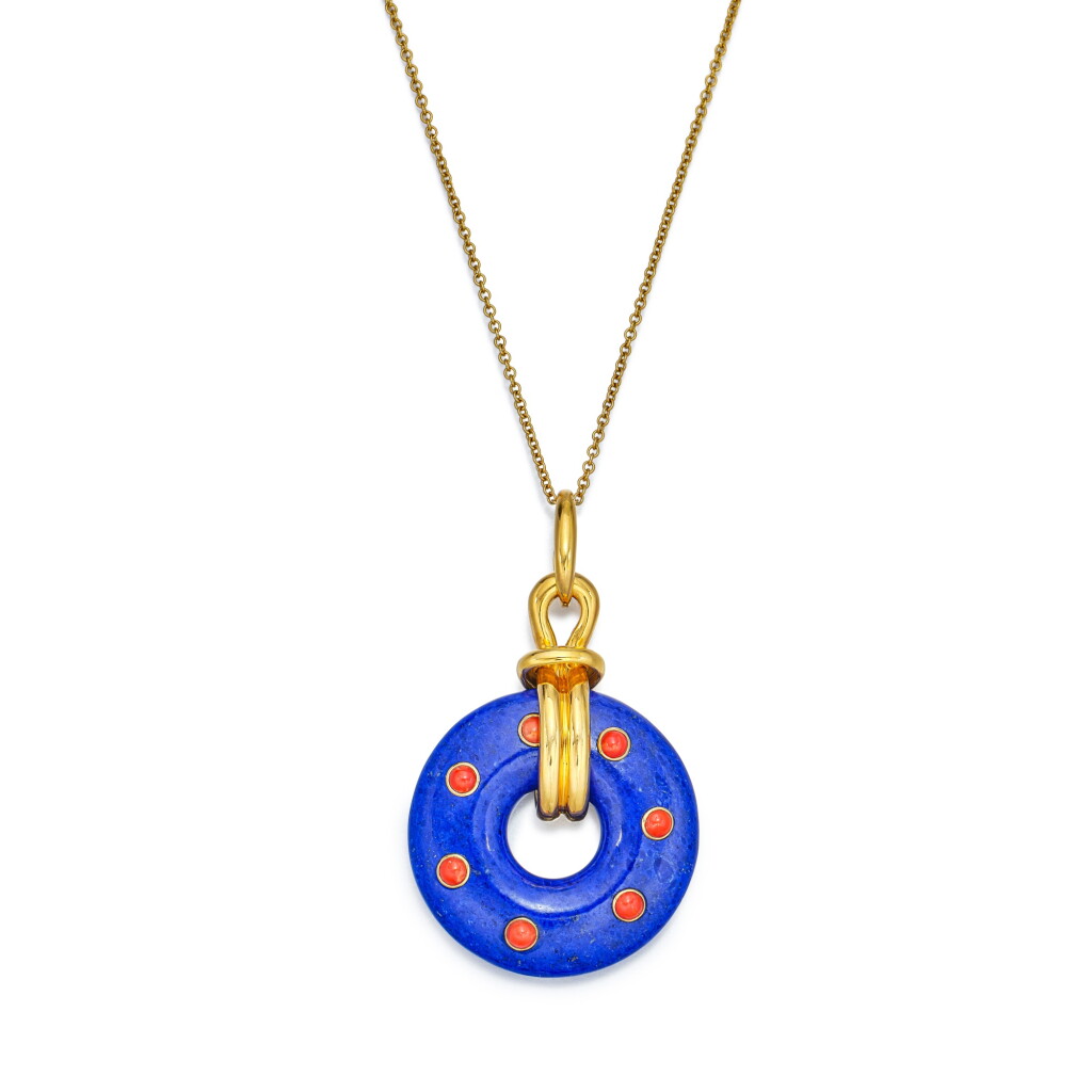 View full screen - View 1 of Lot 1676. Lapis Lazuli and Coral Pendent Necklace | Aldo Cipullo | 青金石 配 珊瑚 項鏈.