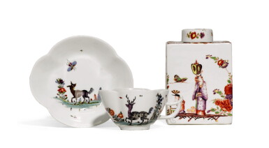 View full screen - View 1 of Lot 177. A Meissen porcelain Chinoiserie tea canister and cover, and a quatrefoil cup and saucer, Circa 1730-35.