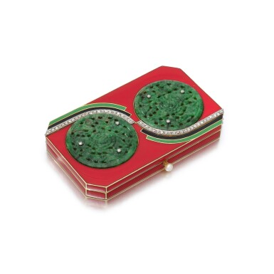 View full screen - View 1 of Lot 18. Enamel, jade, pearl and diamond vanity case (Portacipria in smalto, giada, perla e diamanti).