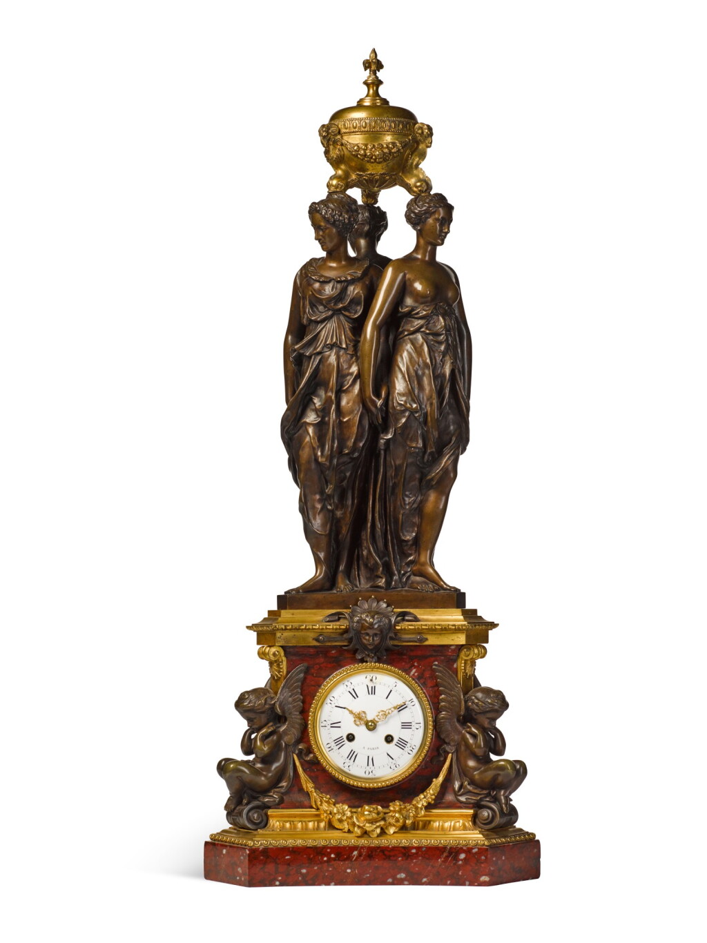 View full screen - View 1 of Lot 21. A PATINATED BRONZE AND GRIOTTE MARBLE 'THREE GRACES' CLOCK, BY VICTOR PAILLARD, AFTER THE MODEL BY GERMAIN PILON, FRENCH, CIRCA 1855.