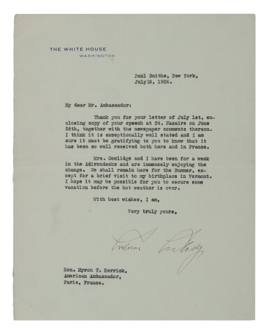 View full screen - View 1 of Lot 17. Coolidge, Calvin | Calvin Coolidge congratulates Myron Herrick, the U.S. Ambassador to France, on his speech at Saint-Nazaire, defending the Mellon-Bérenger Accord.