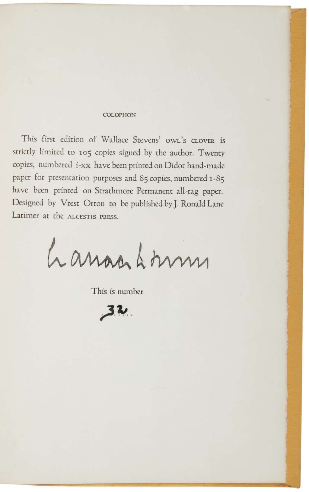 View full screen - View 1 of Lot 83. STEVENS, WALLACE | Owl's Clover. New York: Alcestis Press, 1936.