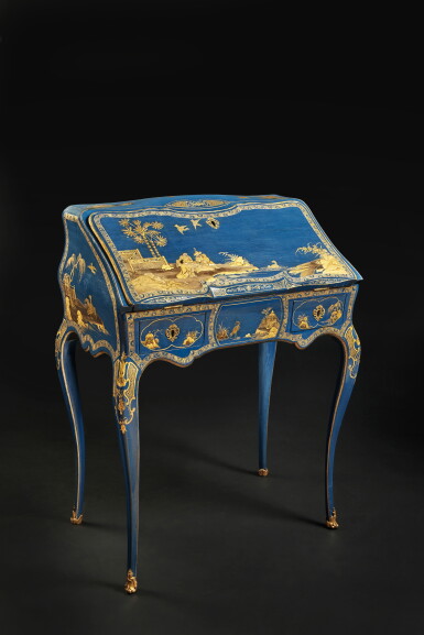 View full screen - View 1 of Lot 26. A Louis XV Gilt-Bronze Mounted Blue and Gold Lacquer, Amaranth and Bois Satiné Bureau en Pente by Pierre IV Migeon, Circa 1735-40; the lacquer decoration Paris, possibly by the Martin Frères workshop .