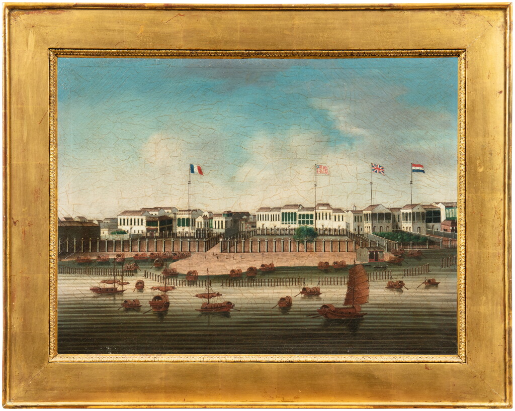 View full screen - View 1 of Lot 17. Attributed to Sunqua (1830-1870), Macao counters view, Qing dynasty, middle of 19th century | 清十九世紀中期 (傳)新呱(1830-1870) 澳門商行景 布面油畫.