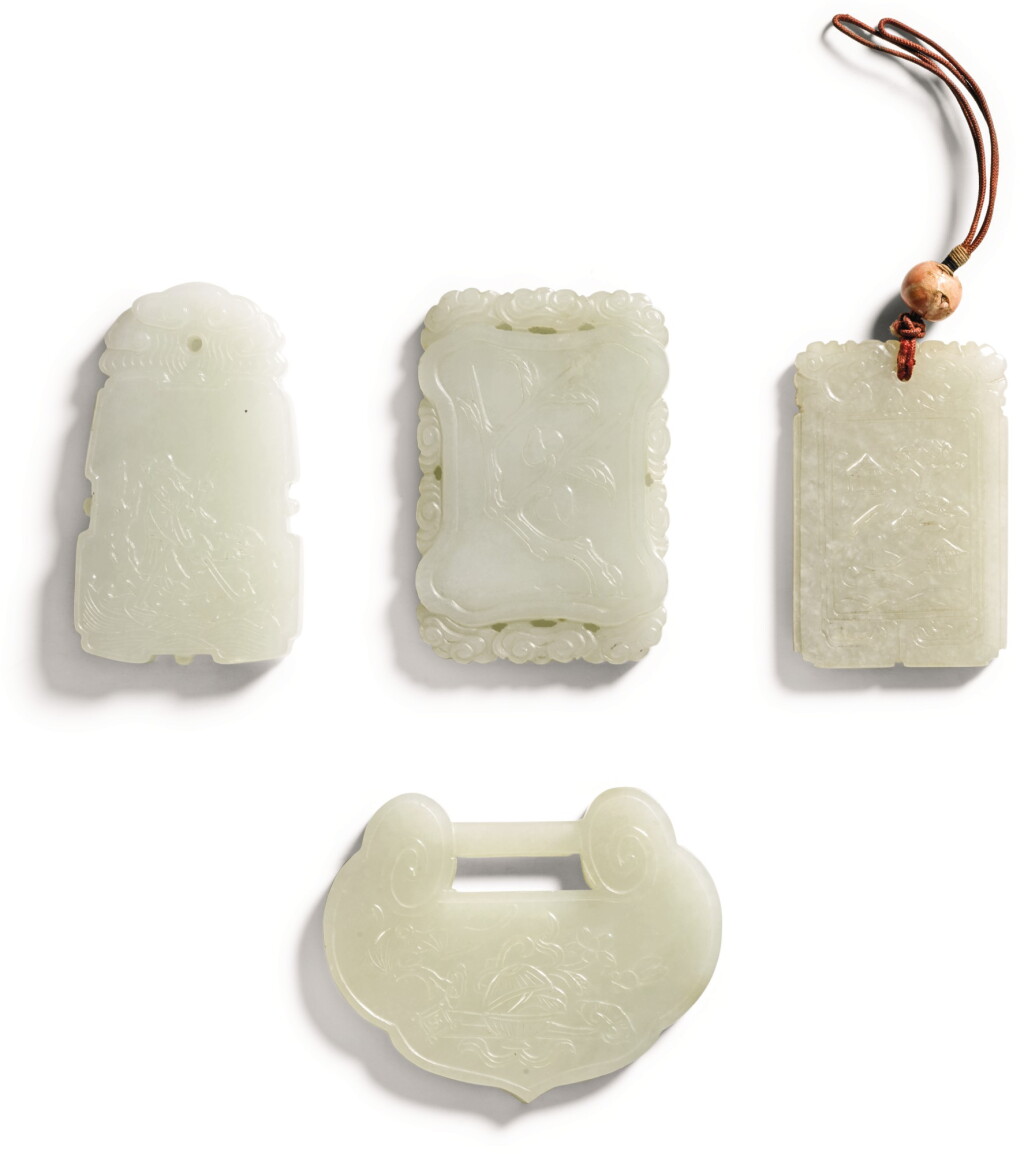 View full screen - View 1 of Lot 374. A STUDY GROUP OF FOUR JADE PLAQUES LATE QING DYNASTY | 晚清 青白玉珮一組四件.