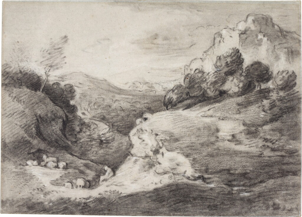 View full screen - View 1 of Lot 54. Wooded upland landscape with shepherd and sheep.