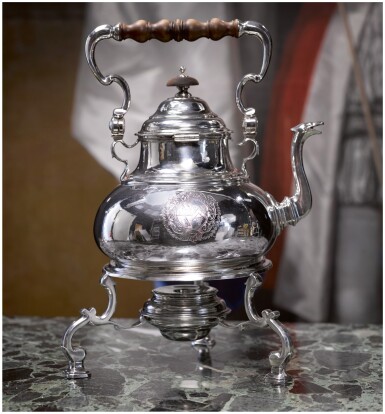 View full screen - View 1 of Lot 58. A GEORGE I SILVER KETTLE ON STAND, WILLIAM PARADISE, LONDON, 1724.