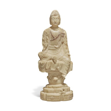View full screen - View 1 of Lot 682. A painted marble seated figure of Buddha Tang dynasty | 唐 大理石佛坐像.