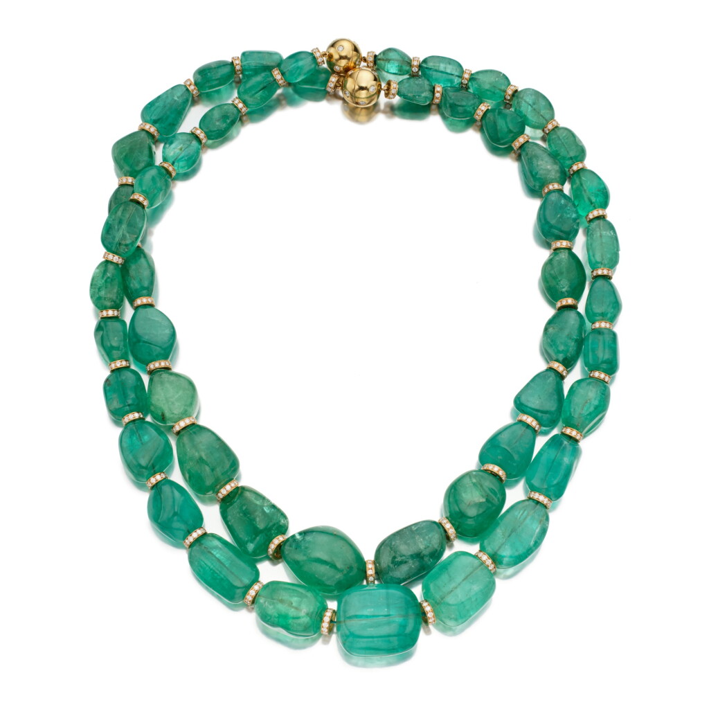 View full screen - View 1 of Lot 469. Two Emerald and Diamond Necklaces.