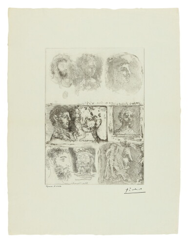 View full screen - View 1 of Lot 66. PABLO PICASSO | FEUILLE D'ÉTUDES TECHNIQUES. NEUF TÊTES (B. 285; BA. 438).