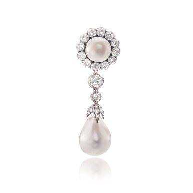 View full screen - View 1 of Lot 1090. Superb natural pearl and diamond brooch, circa 1865.