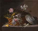 Still life of flowers in a wicker basket, with a Delft bowl and turnips, all resting on a stone ledge