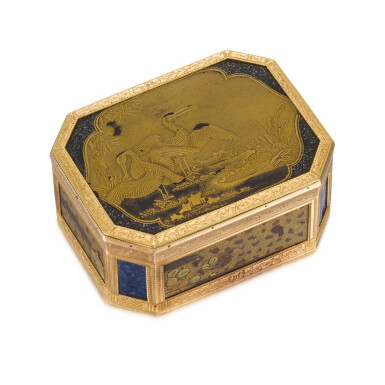 View full screen - View 1 of Lot 10. A gold cagework, Japanese lacquer and hardstone snuff box, Jean-François Delanoy, Paris, 1785.
