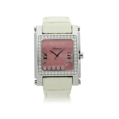 View full screen - View 1 of Lot 77. REFERENCE 8447 HAPPY SPORT A STAINLESS STEEL AND DIAMOND-SET RECTANGULAR WRISTWATCH WITH DATE, CIRCA 2005.
