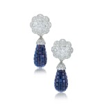 'Mystery-set' pair of sapphire and diamond pendent ear clips