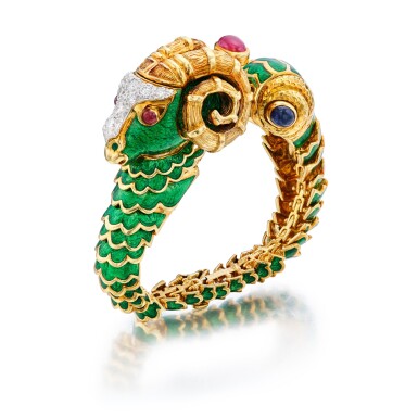 View full screen - View 1 of Lot 295. Gold, Enamel, Ruby, Sapphire and Diamond 'Aries' Bracelet.