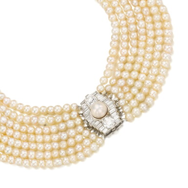 View full screen - View 1 of Lot 141. Seven-row pearl and diamond necklace .