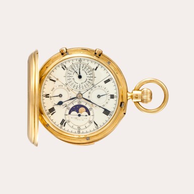 View full screen - View 1 of Lot 187. Retailed by Munsey & Co. Ltd., Cambridge: A very fine and heavy 18ct gold hunting cased minute-repeating split-seconds chronograph watch with perpetual calendar and moon phases, Hallmarked 1912-1913.