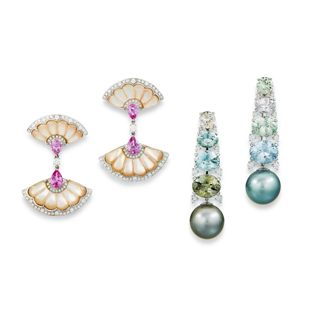 View full screen - View 1 of Lot 1634. Pair of Coloured Sapphire, Cultured Pearl and Diamond Pendent Earrings; and Pair of Mother-of-Pearl, Pink Sapphire and Diamond Pendent Earrings | 彩色寶石 配 養殖珍珠 及 鑽石 耳墜一對; 及 貝母 配 粉紅剛玉 及 鑽石 耳墜一對.