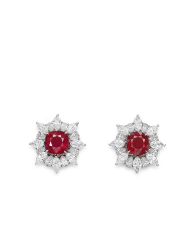 View full screen - View 1 of Lot 1644. PAIR OF RUBY AND DIAMOND EARRINGS | 3.32及3.04卡拉 天然「緬甸鴿血紅」未經加熱紅寶石 配 鑽石 耳環一對.