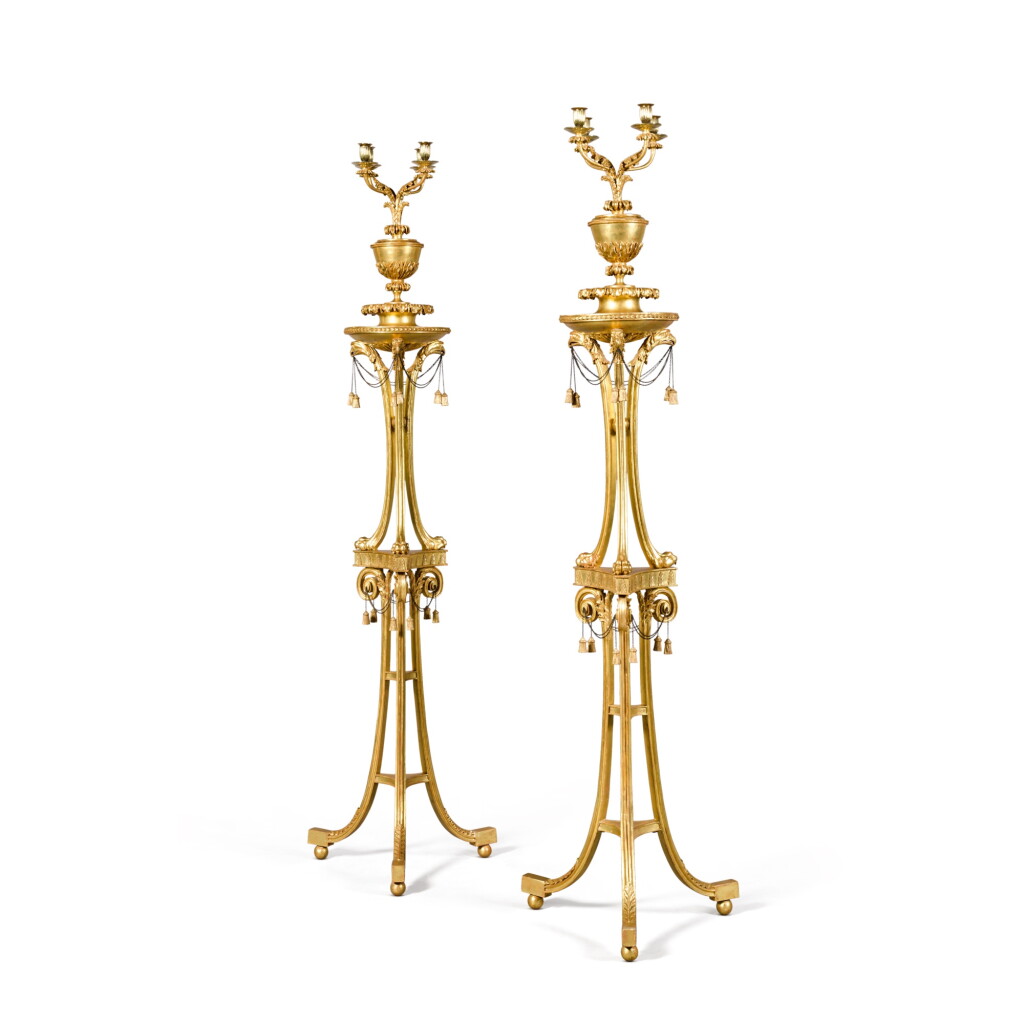 View full screen - View 1 of Lot 37. A pair of late George III carved giltwood torchères and candelabra, circa 1785-90.