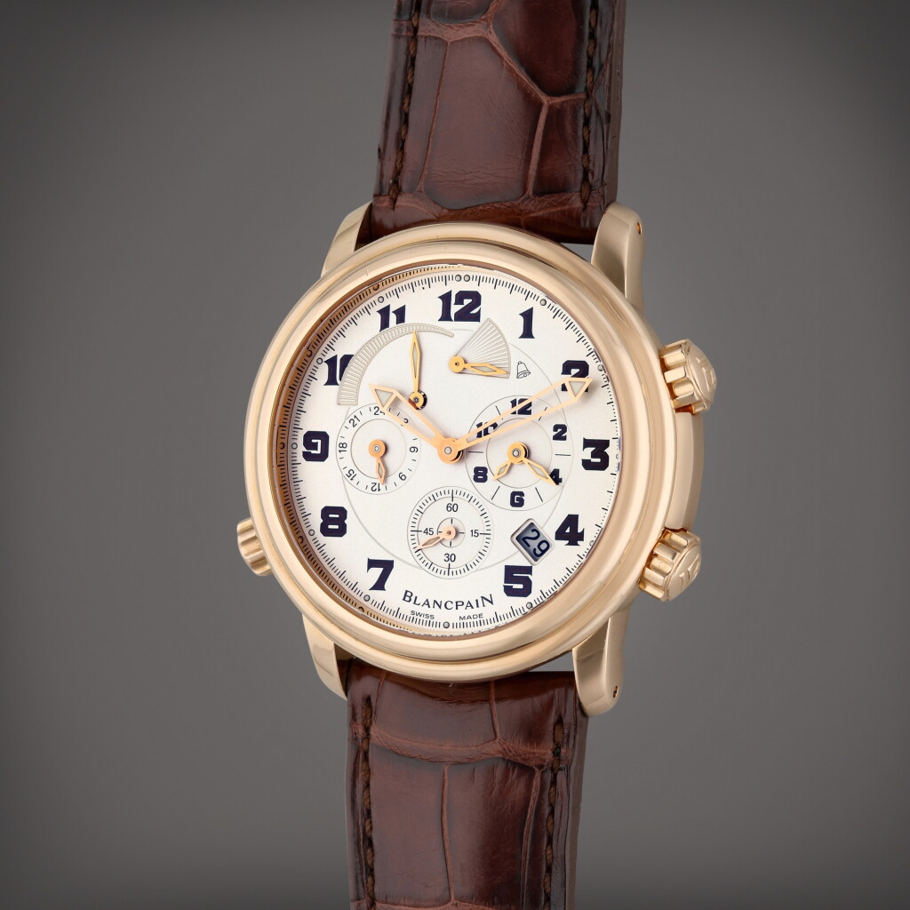 全螢幕檢視 - 查看154Reference 2041 3642M 53BDA Leman Reveil GMT Alarm | A pink gold dual time automatic wristwatch with date, alarm, 24 hour indication, and power reserve indication, Circa 2005的1