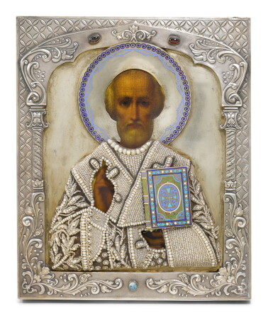 View full screen - View 1 of Lot 255. A gem-set, silver and champlevé enamel icon of Saint Nicholas, Dmitry Smirnov, Moscow, 1899-1908.