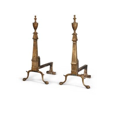 View full screen - View 1 of Lot 513. Very Fine and Rare Pair Of Federal Highly Engraved Cast Bell Metal Brass And Wrought-Iron Andirons, Attributed to Edward Farmer Taylor and Thomas Bailey, London, England, Circa 1784-97.
