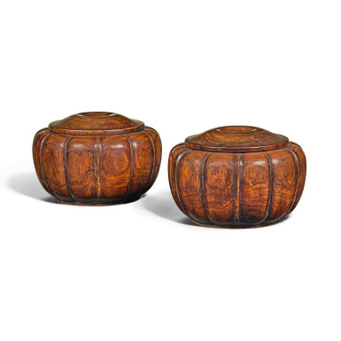 View full screen - View 1 of Lot 105. A PAIR OF HUANGHUALI BOXES AND COVERS, QING DYNASTY, 19TH CENTURY | 清十九世紀 黃花梨瓜棱式圍棋盒一對.