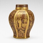 A Meissen Hausmaler brown-glazed hexagonal tea canister and cover, Circa 1730