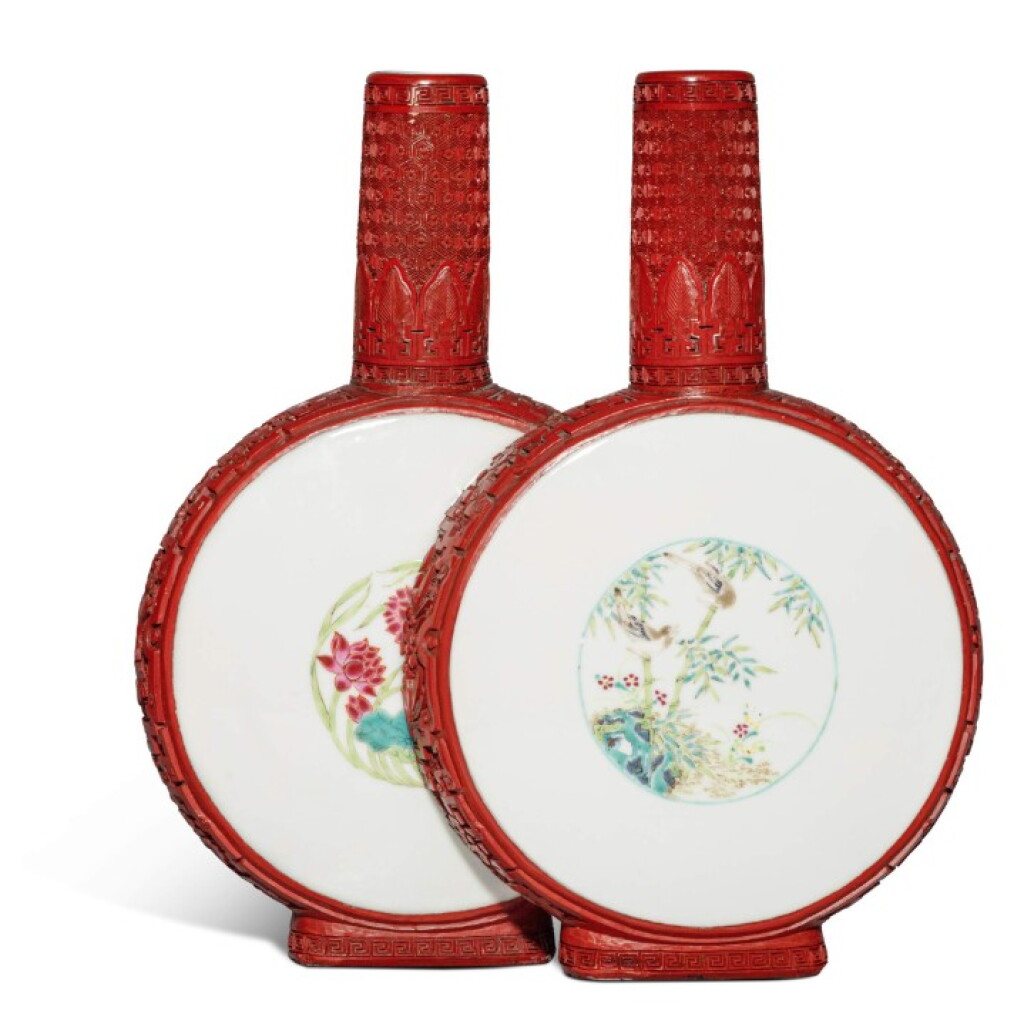 View full screen - View 1 of Lot 1315. A cinnabar lacquer famille-rose 'bird and flower' double moonflask, Republic period | 民國 剔紅粉彩花鳥圖雙連抱月瓶.