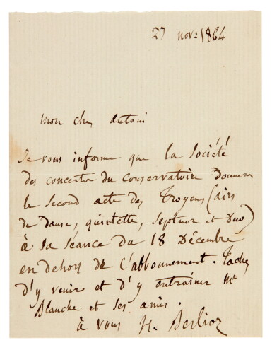 View full screen - View 1 of Lot 13. BERLIOZ | autograph letter signed to Antoni Deschamps, about the opera "Les Troyens", 1864.