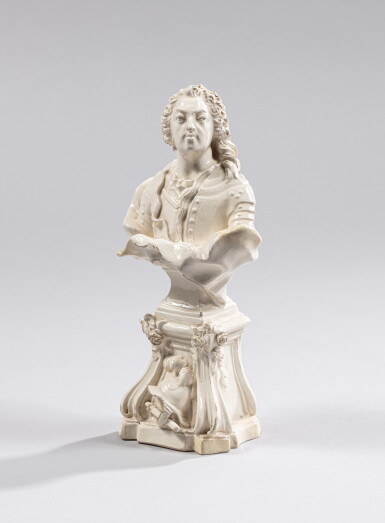 View full screen - View 1 of Lot 86. A French white glazed faience bust of Louis XV, probably Luneville or Pont-aux-Choux, circa 1744-1760 | Buste de Louis XV en faïence probablement de Lunéville ou Pont-aux-Choux, vers 1744-1760.