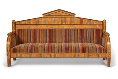View full screen - View 1 of Lot 142. A Russian Neoclassical Brass-Mounted Karelian Birch Sofa, Circa 1820.