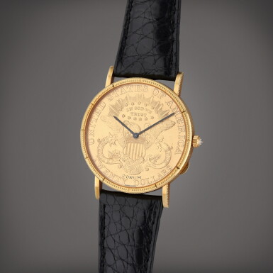 View full screen - View 1 of Lot 122. 25th Anniversary Corum Gold Coin Watch | A limited edition yellow gold wristwatch with coin front and back, Circa 1989.